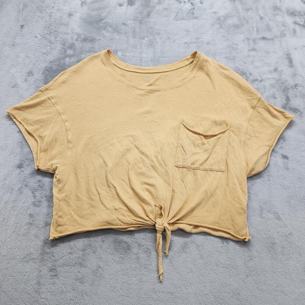 Aerie OFFLINE Top Womens S Tan Nutmeg Tie Front Cropped T-Shirt Rolled Cuffs Hem